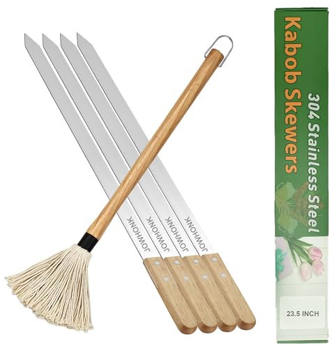 JOWHONK 23.5 Long Skewers for Grilling,1 Inch Wide,304 Stainless Steel Skewer for Kabobs with Wood Handle,Heavy-Duty Metal Flat Barbecue Skewer Set Includes 4PCS BBQ Skewers,1PCS BBQ Mop Brush