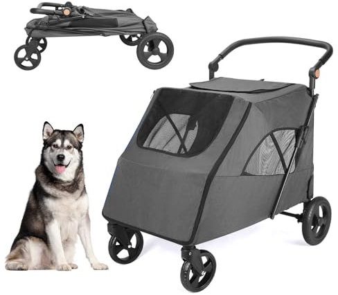 Hundewagen Große Hunde,doppelte Kapazität für Hunde, Buggy für Hunde Kinderwagen Hunde Faltbar Klappbar 4 Rädern Hundewagen (P04CX-Dunkelgrau)