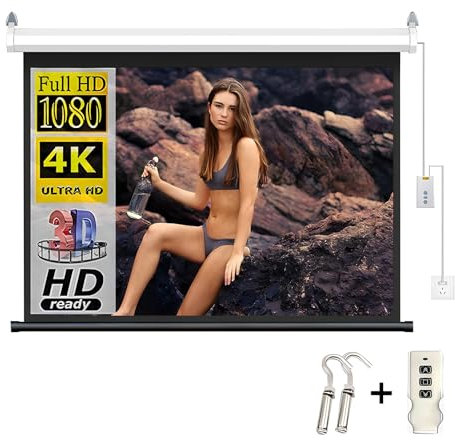 XOBRJQZ Motorized Projector Screen with Remote Control, 16:9 Aspect Ratio, 8k/4K Ultra HD Ready, Wall/Ceiling Mounted Projector Screen for Office, Home Theater and Movie(60 inch)