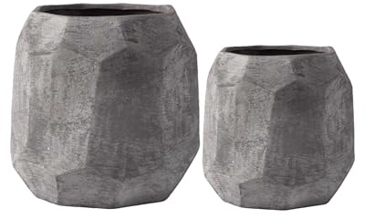 Olly & Rose Leon Geometric Ceramic Plant Pots Set 2 - Sand Effect Dark Grey 21cm and 14cm diameter Large Plant Pots Outdoor and Indoor - Grey Planters - Flower Pots