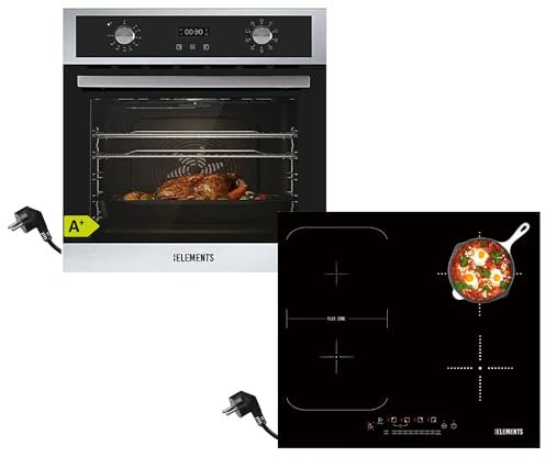 KB ELEMENTS Juego de cocina autosuficiente, horno empotrable de 60 cm, 70 litros, placa de inducción de 59 cm con conector Schuko, 9 funciones, acristalamiento de protección térmica de 3 vías, función