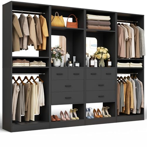 Unikito 100” Closet System with Drawers, 8.3FT Wood Closet Organizer with Hanging Rods and Mirror Design, Reversible Large Walk in Wardrobe Garment Rack with Shelves, Sturdy Closet Tower, Black