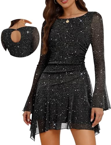 Aupuls Long Sleeve Sequin Cocktail Prom Dresses for Women 2026 Ruched Waist Asymmetrical Spring Going Out Party Dress AUPG026 Black M