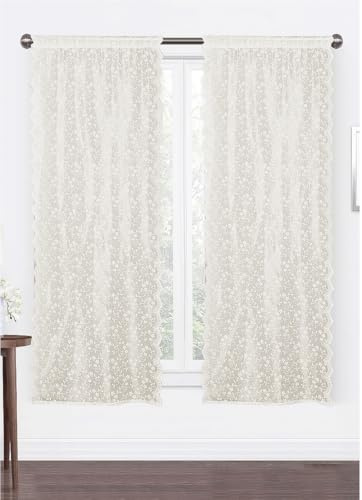 HOME ZEN HOUSEHOLD LINEN Set di 2 Tende Atena, Pizzo Francese con Fiorellini, Disponibile per Finestra 60x150 cm e Porta Finestra 60x240 cm, Tortora/Grigio/Panna (TORTORA BEIGE, 60X150)