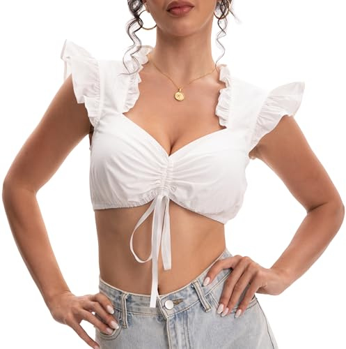 Dirndl-blus för kvinnor, traditionell vit, traditionell damblus, dirndl med dragsko och vingärmar för oktoberfest, Vit, S