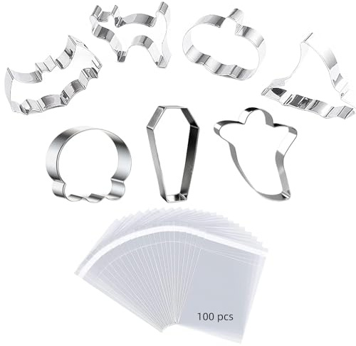 LIANRISES 7 Piezas Cortador Halloween Acero Inoxidable, Molde Para Formas Galletas Halloween, Juego De Cortadores, y 100 Piezas Bolsa Celofan Transparente