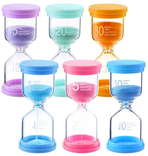 lomdung 6 Pezzi Clessidra Bambini, Colorate Clessidre Set per Bambinis 1/5/10/15/20/30 Minuti, per Fetto come Timer Visivo Bambini, Educativo o come Clessidra Bomboniera
