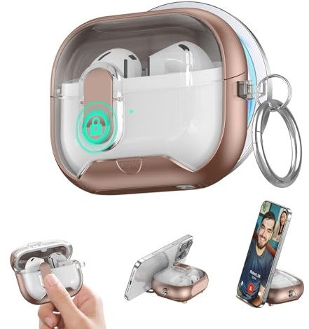 Miimall Coque pour Samsung Galaxy Buds 3 FE /3 Pro/Buds3 avec fonction support de téléphone [verrouillage sécurisé] [mousqueton] [magnétique] [chargement sans fil] Coque de protection transparente
