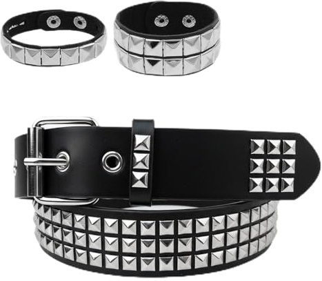 Werownsgso Punk-Nietengürtel Leder mit 3 Stück Punk-Armband Y2K Gürtel Nietengürtel Einstellbar PU-Leder Vielseitig Kombinierbar für Jeans Hosen Festliche Outfits