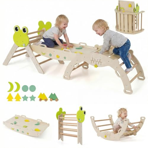 DREAMADE 7 en 1 Triangle Arche d'escalade Montessori en Bois Hêtre, Jeux d'escalade Pliable pour Enfants, Parcours Motricité Bébé avec Rampe & Échelle, Charge Max. 50kg (Grenouille,Naturel)
