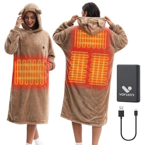 Vofuoti Manta Térmica Ponible con Capucha y Batería, 7.4V Manta Eléctrica de Franela Inalámbrica con Capucha, Cómoda Manta Eléctrica de Gran Tamaño para Interiores, Exteriores, Camping, Viajes