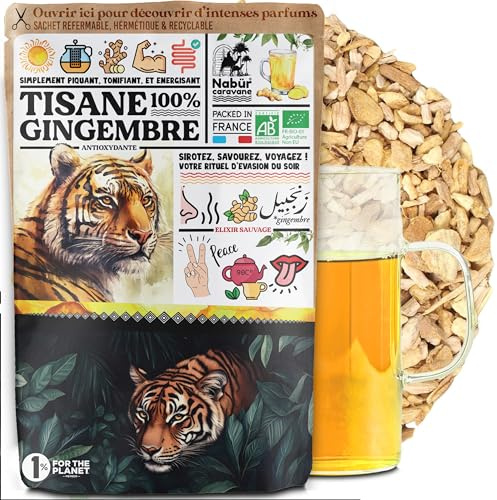 120gr Tisane Gingembre Bio en Morceaux en Vrac, Infusion Racine de Gingembre, Buvez la Force, Sans Cafféine NABÜR
