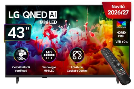 LG QNED AI MiniLED 43 pollici Serie QNED7EB 43QNED7EB3C, Smart TV 4K, AI Magic Remote, 100% Volume colore, AI Magic Remote, webOS con Gemini e Copilot, Design Linear Flow, Gaming VRR 60Hz, TV 2026