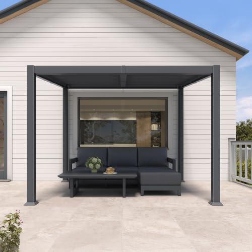 PURPLE LEAF Pergola 2,5 × 3 m Wandmontage Alu Terrassenüberdachung, Grau | Integrierte Entwässerung, Nahtloser Wohnübergan, Klare Montageanleitung, 0-85° Lamellenöffnung, Schrägdach gegen Wasserstau