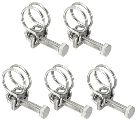 sourcing map 5 Pcs Double Wire Hose Clips 13-16 mm Stainless Steel Adjustable Wire Pipe Tube Clamps with M6 Screw Plumbing Joint Fastener for Dust Collection Pool Pond, Silver