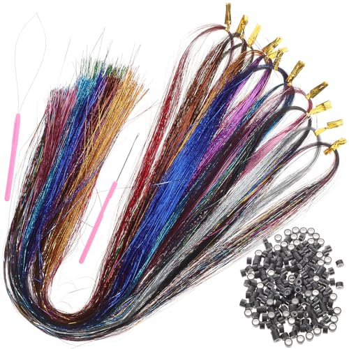 MAGICLULU Glitzer Haarverlängerungen Kunststoff Satz mit 18 Farbigen Strähnen 120cm Haarschmuck für Damen für Party und Flechtfrisuren