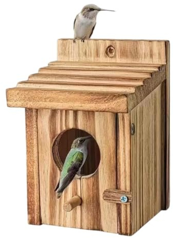 Wooden Bird House - de anidación para exteriores, refugio de jardín colgante con perca