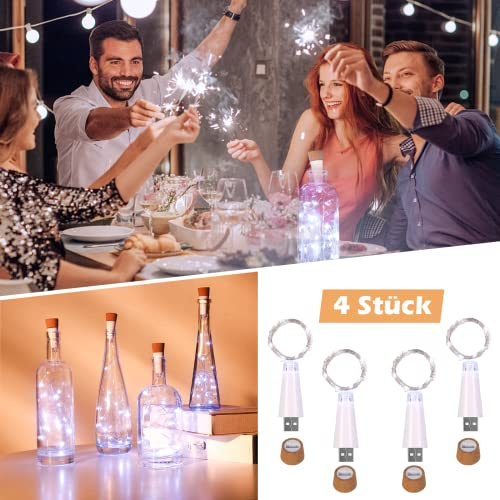 UMIWE LED Flaschenlichter mit Korken, USB Wiederaufladbare Wasserdichte Korkenlichter für Weinflaschen, 1.5m/5ft 15 LED Lichterkette für DIY Weihnachten Halloween Partys Hochzeit Geburtstag 4 Stuck