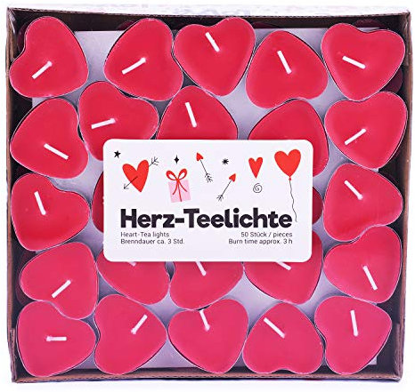 pajoma® Teelichte Love im 50er Pack, Brenndauer 3 Stunden, in Herzform (Rot)