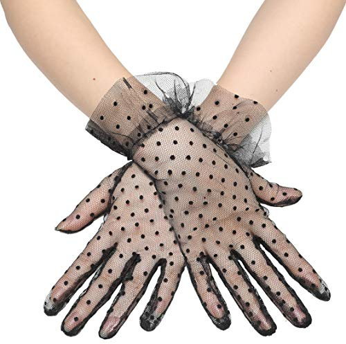 Coucoland Damen Polka Dot Handschuhe Lang Kurz Transparent Netzstoff Mesh Braut Hochzeit Opera Fest Party Fasching Kostüm Accessoires (Kurz - Schwarz Dot)