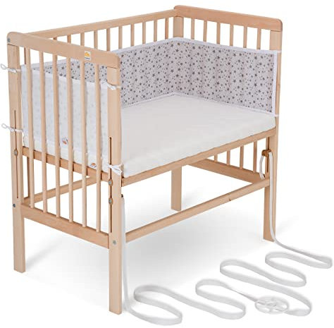 FabiMax Baby Beistellbett für Boxspringbetten, stufenlos höhenverstellbar, Buchenholz massiv, Natur (Matratze Comfort, Graue Sterne)