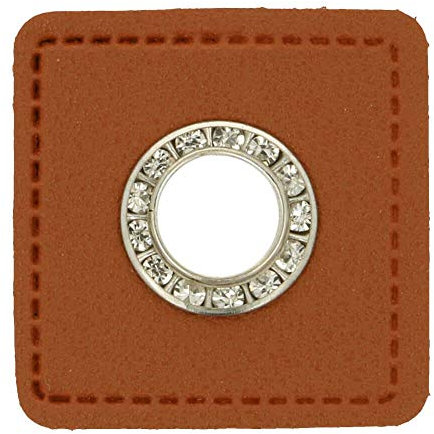 Schnuckidu 1 Kunstleder Öse zum Nähen I Ösen Patches für Kordeln I Leder Ösen Quadrat in Braun mit Strass I 11 mm Silber mit Strass I 1 Stück I Alternative zu Echtleder