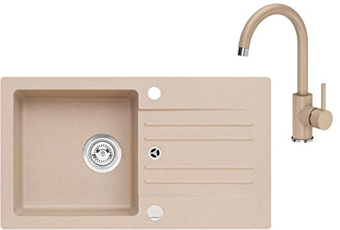 VBChome Spüle mit Armatur 75 x 42 Beige mit Spültischarmatur Granit Einzelbecken Einbauspüle gesprenkelt reversibel Siphon Wasserhahn Einhebel