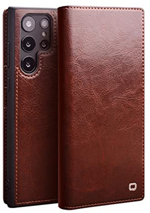 qichenlu Robustes Rindsleder Retro Braun Echt Leder Klapp Hülle für Galaxy S22 Ultra,Zert. Echtes Leder Handytasche mit Kartenfach Ständer,Book Flip Cover Wallet Case für Samsung Galaxy S22 Ultra