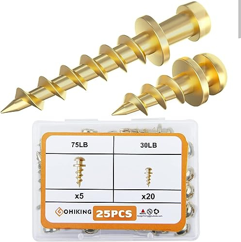 Bear Claw Hanger Screws Hanger Sliver- 30lb&75lb Picture Hooks - 4-in-1 Hanging Screws for D-Rings, Sawtooth, Wire and Keyholes - Mounts in Drywall and Wood Studs (30&75lbs-25pcs) (Gold)