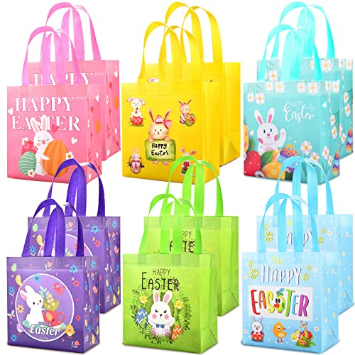 AhfuLife 12 Stück Ostern Geschenktüten, 23 x 21 x 11cm Wiederverwendbare 6 Design Ostertüten mit Hasen Ostereiern Henne, Ostern Geschenktüte für Kinder Geschenk Eiersuche Oster Deko