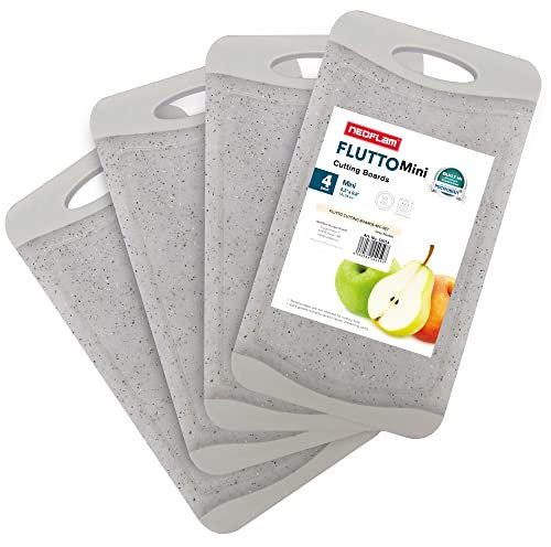 NEOFLAM® – juego de 4 tablas de desayuno antideslizantes de plástico antibacteriano, libre de BPA, juego de tablas de cortar Microban® aptas para lavavajillas, tabla de cocina con ranura para jugos