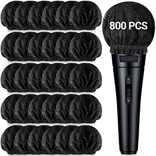 Buryeah 800 Pcs Disposable Microphone Cover Non Woven Handheld Microphone Windscreen with Elastic Band Individually Wrapped Mic Cover for KTV Recording Studio Karaoke Stage Performance (Black)
