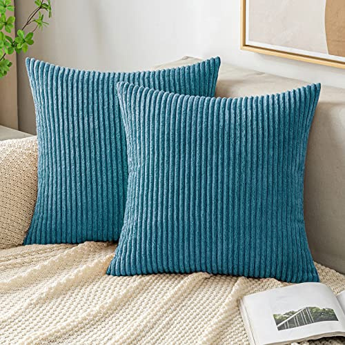 EMEMA Kissenbezug 45x45 cm Kordsamt Kissenbezüge Dekokissen Sofakissen Cord Kissenhülle Zierkissenbezug Kord Dekorative Weiche für Sofa Wohnzimmer Schlafzimmer 2er Set Seeblau