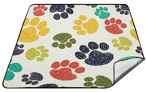 YOUJUNER Picknickdecke 200 x 200 cm Bunt Pfotenabdruck Große Picknickmatte Wasserdichte Stranddecke Tragbare Outdoor Teppich Camping Matte