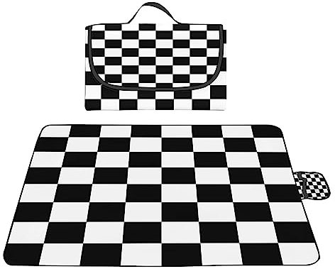 Yoonqun Picknickdecke Wasserdicht 300x200cm,Groß Outdoor Faltbare Picnic Blanket mit Tragegriff,Picnic Decke Waschbar für Camping,Picknick,Wandern,BBQ,Reisen Campingdecke,Schwarz-weißes Karo