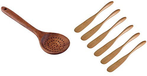 ailill 1 cucchiaio in legno di teak con manico lungo, mestolo grande per , cucchiaio in legno e 6 coltelli da burro in legno per spalmare formaggio