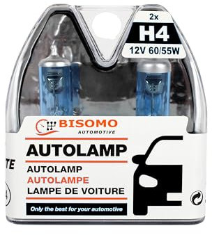 2x BISOMO H4 Halogen Xenon Super Weiß Effekt Optik 12V 8500K 60/55W Autolampe Scheinwerfer Frontlicht Lampe Glühbirne E-geprüft