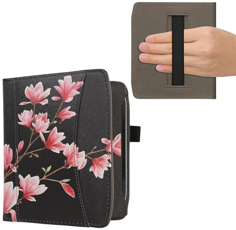 kwmobile Fodral kompatibelt med Pocketbook Era/Era Color – PU-läderfodral med magnetisk stängning, rem, framficka – magnolias rosa/vit/svart
