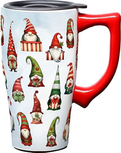 Spoontiques Gnomes Ceramic Travel Coffee Mug with Lid and Handle - Spill Proof Lid - Double Walled Mug for Hot and Cold Beverages - Microwave and Dishwasher Safe