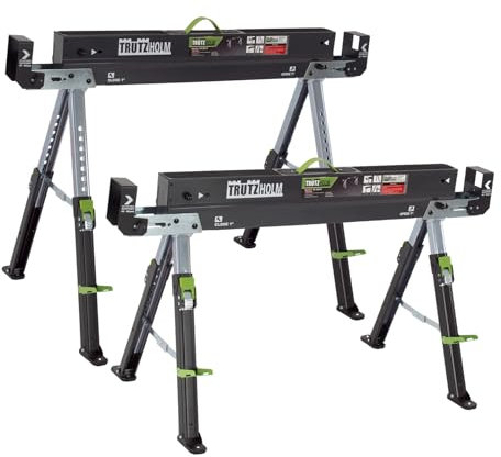 TRUTZHOLM 2x Sägebock 2.0 DELUXE 9-fach höhenverstellbar Stahl bis 1300 kg Klappbock Arbeitsbock Werkbock verstellbare Klemmen für Kanthölzer integrierter Tragegriff Unterstellbock Werkbank
