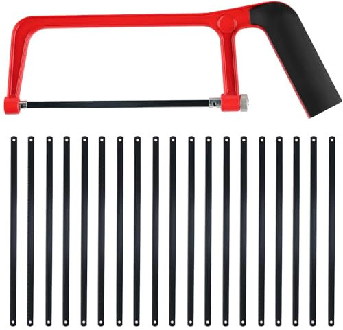 Professional Mini Hacksaw, Adjustable-Angle Metal-Cutting Junior Hacksaw with 20 Replaceable Blades, Heavy-Duty Mini Hacksaw for Cutting Plastic PVC Pipes, Tiles and Wood (Red)