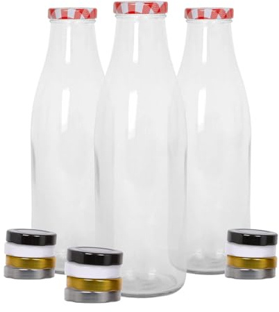 Argon Tableware Glass Milk Bottles with Lids - 960ml - Pack of 3 - Metal Lids Empty Clear Reusable BPA Free Water Bottle Orange Juice Container for Fridge Storage, Picnics, Weddings