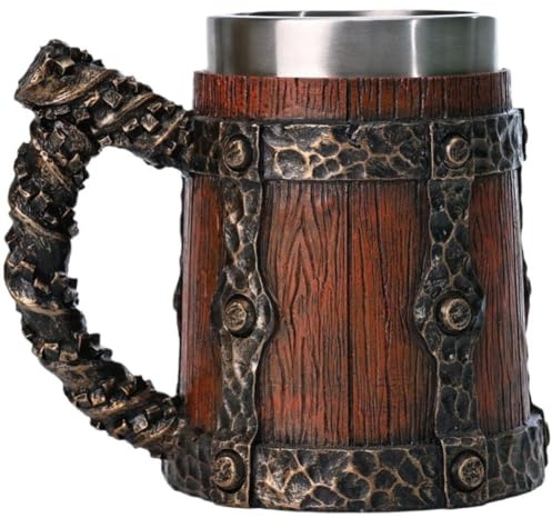 Muteitt Chope À Bière en Tonneau en Bois, Verres en Forme De Seau avec Poignée, Tasse À Cocktail À Double Paroi en Acier Inoxydable pour Bar-Restaurant, Accessoires De Bar Vintage