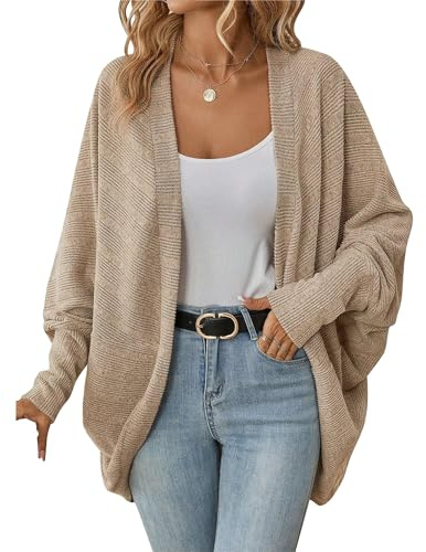 OULIWANGLUO Damen Leichte Fledermausärmel Strickjacke Mid Lang Cardigan mit Taschen Casual Lockere Strickpullover für Herbst (Khaki,XXL)