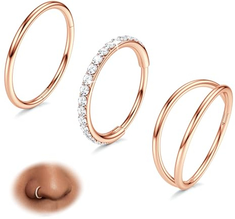 3 Stk 316L Edelstahl 16/18/20G CZ Nasenpiercing Ring Nasenring Schmuck | 14K Vergoldete Reifen Hypoallergen für Frauen und Männer, Septum Helix Conch Tragus Daith, Schwarz, Rosegold, 7/8/9/10mm