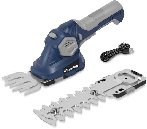 TurboVolt Akku-Gras- und Strauchschere, handliche Heckenschere, 4 V, 2000 mA/h, 2 Verschiedene Klingen, Schnittbreite 7,5 cm, Schnittlänge 12 cm, mit Akku und Ladegerät
