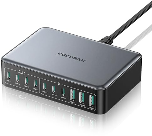 Rocoren 480W GaN USB C Charger, 10-Port PD100W QC4.0 PPS 4-Laptop Charger Station with 1.5m UK Extension Cord Compatible with MacBook, HP, iPad, iPhone, Sumsung Galaxy and More USB C Laptops - Black