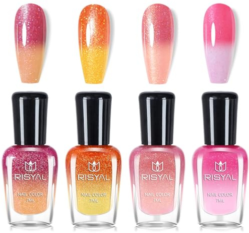 Color Changing Nail Polish Sets 4 Colors,Temperature Glitter Pink Orange Nail Varnish Set,Rainbow Colour Mood Chameleon Long Lasting Glossy Nail Polish Kit - Without Use UV Lamp