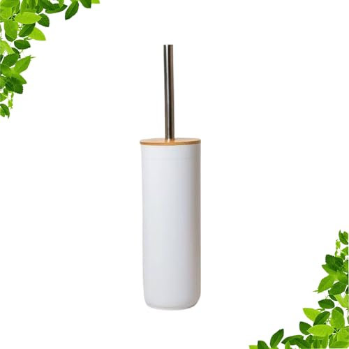 SOLTY – Escobillero de Baño Blanco con Tapa de Bambú – Porta Escobilla WC Compacto e Higiénico – Diseño Minimalista y Elegante – Base Antideslizante y Recipiente Interior Extraíble – 10×10×38,4 cm