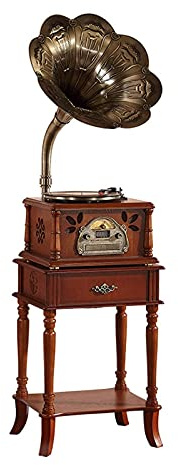 Tourne-disque rétro tout-en-un phonographe vintage gramophone nostalgique avec pavillon en cuivre, système de haut-parleurs intégré contrôle 33/45/78, vinyle, CD, Bluetooth, radio, enregistreur USB